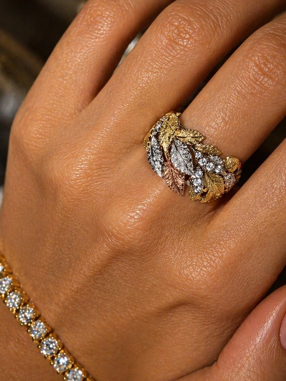 Tri-Color Leaf Band with Sparkling Accents - Gold, Silver, Rose - Picture 3 of 6
